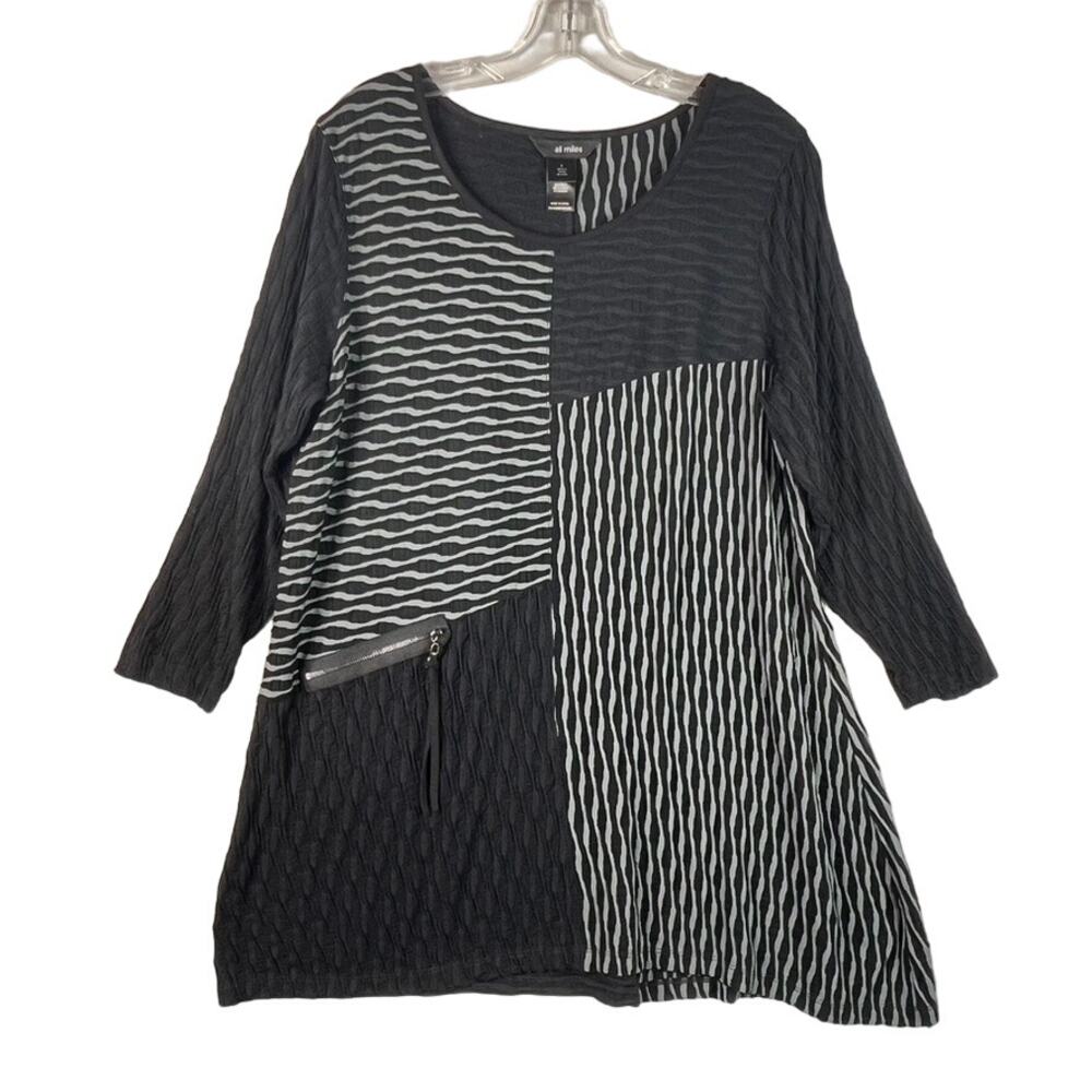 Ali Miles 3/4 Sleeve Textured Wavy Stripe Pullover Tunic Black Gray Womens Large